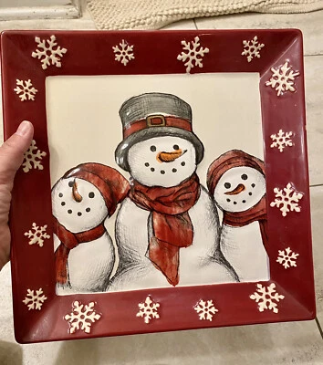 ST NICHOLAS SQUARE SNOWMAN FAMILY SQUARE SERVING PLATTER DECORATIVE PLATE CUTE!! - Image 1 of 4