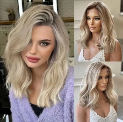Ombre Ash Blonde Body Wave Wig 4X4 Lace Front Human Hair Wig for Women Party  - Image 1 of 4