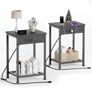 Nightstands Set of 2 with Charging Station, End Tables with U-S-B Ports and Powe - Picture 1 of 7