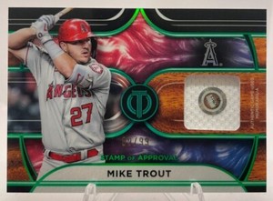 2022 Topps Tribute Mike Trout Stamp of Approval Green 09/99 Home Run Game Worn