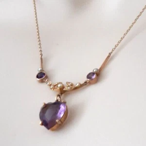 ANTIQUE AMETHYST AND PEARL HEART DROP PENDANT NECKLACE 9CT 18 INCH - Picture 1 of 4