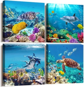 4 Panel Coral Sea Fish Turtle Ocean Canvas Wall Art Living Room Bedroom Decor - Picture 1 of 12