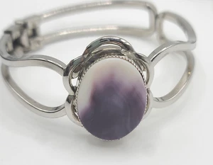 Wampum Clamper Bracelet Purple Silver Tone - Picture 1 of 7