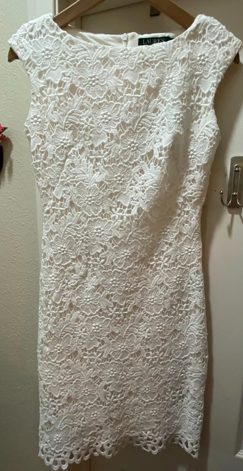 LAUREN RALPH LAUREN Classy White Lacy Pencil Midi Dress Size 2 EUC LOWSHIP - Image 1 of 4