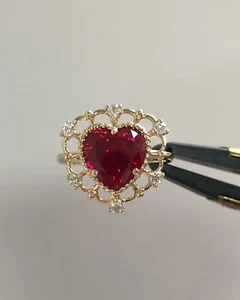 3.30 Ct Certified Natural Heart Cut Ruby & Diamond Wedding Ring 14K Yellow Gold - Picture 1 of 11