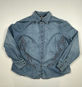 Harley Davidson camicia denim donna 1W blu western borchie ricamate top - Foto 1 di 6