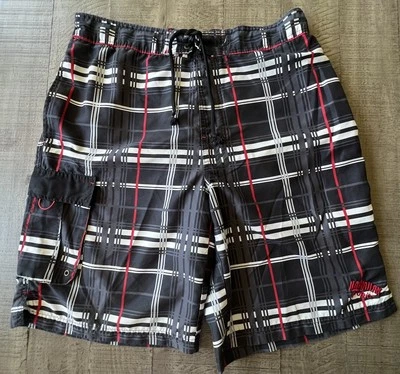 Hawaiian Tropic Mens Board Shorts Swim Trunks Black Red Gray Plaid Un Lined XL - Image 1 of 4