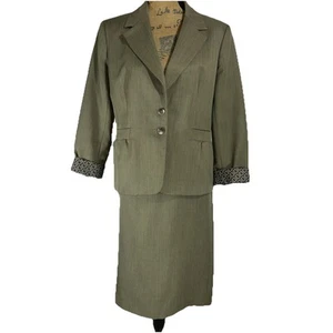 Evan Picone Suit 12 Olive Green Skirt Button Long Sl Blazer Pocket 2 Pc Career - Picture 1 of 8