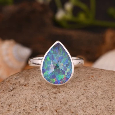 Teardrop Sterling Silver Band Ring With Fire Opal Engagement Ring Gift For Her - Image 1 of 4