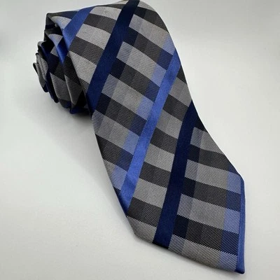 Geoffrey Beene Black, Blue, Gray Plaid Men’s Necktie 3”x 59” Silk Blend - Image 1 of 4