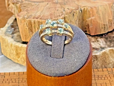 14K Solid Yellow Gold Blue Topaz w/diamonds Cocktail Ring sz 7.25--KBB210.25 - Image 1 of 4