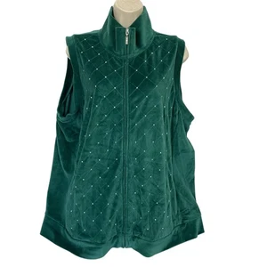 Quacker Factory Sparkle Velour Vest 1X Green Rhinestone Quilted Christmas Zip Up - Picture 1 of 11