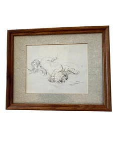 Boceto original firmado blanco y negro perro peludo cachorro dormido 1996 enmarcado 15"x12" - Imagen 1 de 8