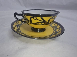 Platillo taza Art Deco Demitasse H&G Heinrich Selb Alemania amarillo plata superposición - Imagen 1 de 12
