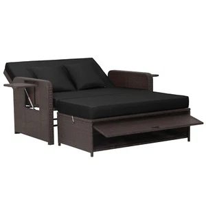 Patio Rattan Loveseat Set Daybed Lounge Storage Ottoman Side Tables Adjust Black - Picture 1 of 11