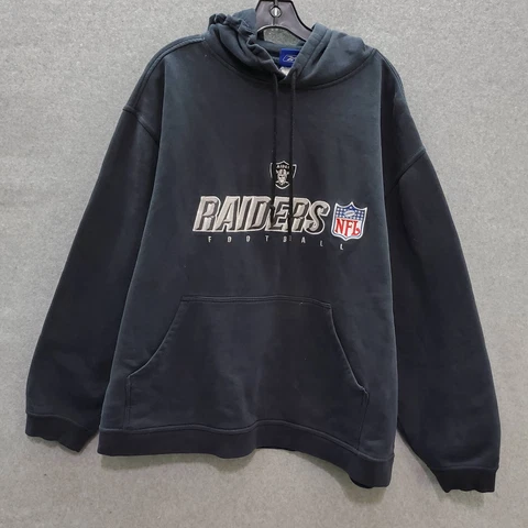 VINTAGE Oakland Raiders Men Sweatshirt XL Black Hoodie Logo Embroidered Y2K READ Cover