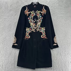 Johnny Was Dress Womens Medium M Black Embroidered Floral Birds Button Front - Picture 1 of 11
