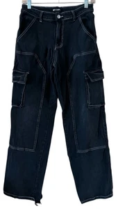 Hot Topic Black Wide Leg Cargo Pants Skater Goth Contrast Stitch 27x29.5 Small - Picture 1 of 12