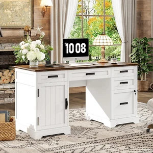 55'' Farmhouse Executive Desk with File Cabinet, Home Office Wood Computer Desk - Picture 1 of 12
