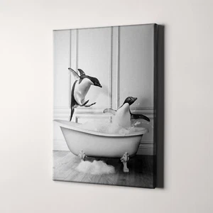 Penguins Taking Bath Bubble Bathtub Funny Bathroom Toilet Canvas Wall Art Print - Picture 1 of 7