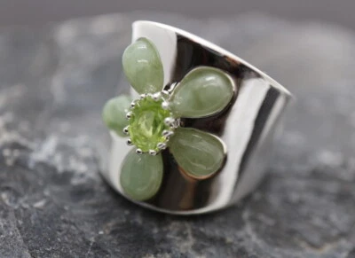 GOLDJUNGE69 * MASSIVER DAMEN EDELSTEIN RING (18) JADE & PERIDOT  * 925er SILBER - Bild 1 von 4