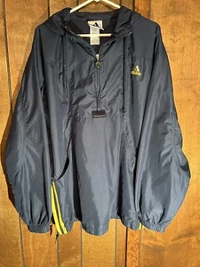 Adidas Track Jacket XL Blue Yellow Wind Breaker With Hood Pockets Vented Back - Picture 1 of 9