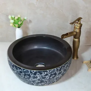 Bathroom Black Round Ceramic Wash Basin Bowl Sink Antique Brass Mixer Faucet Tap - Picture 1 of 9