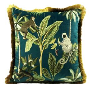 Tropical Monkey Green Fringed Velvet Cushion Cover 45x45cm Double Sides - Picture 1 of 4