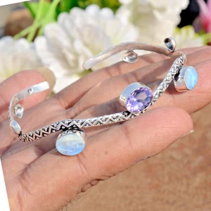 Moonstone & Amethyst Cut Gemstone 925 Sterling Silver Bracelet For Lovely Person - Picture 1 of 9