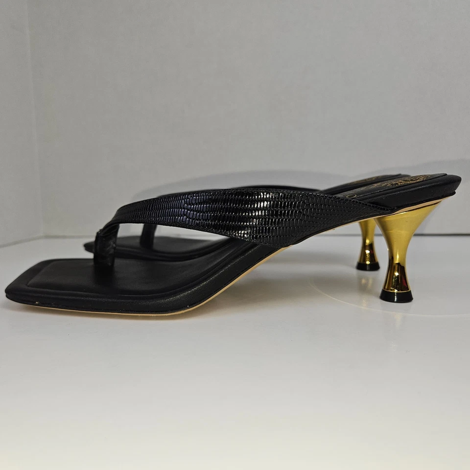 Vince Camuto Venantha 8M Black Gold Glossy Lizard Leather Kitten Heel Sandals - Image 1 of 4
