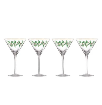 Lenox Holiday Martini Vasos Hojas de Acebo JUEGO DE 4 Navidad NUEVO Caja Foto 1 de 4