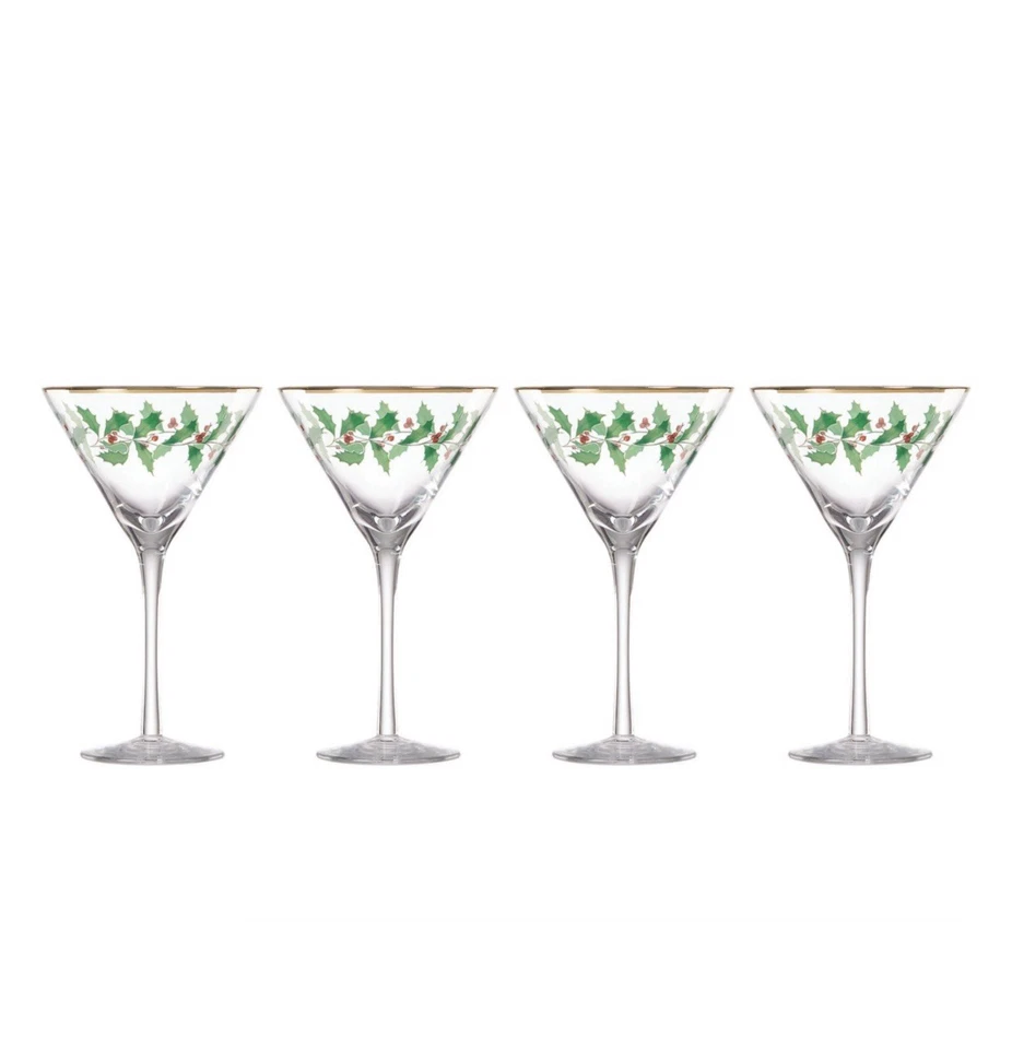 Lenox Holiday Martini Vasos Hojas de Acebo JUEGO DE 4 Navidad NUEVO Caja Foto 1 de 4