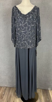 Jkara Women's Plus Size Grey Beaded Cowl Neck Gown With Sequin Overlay 14W NWT's - Image 1 of 4