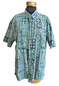 Camisa Hawaiana Hombre Cooke Street Azul Algodón Tema Tiki Talla L - Imagen 1 de 5