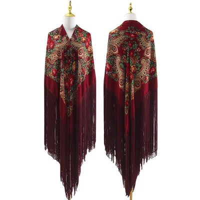 Extra-large size women's printed shawl - black and white long tassel wide scarf - Image 1 of 4