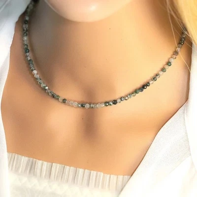 Collar de plata de ley de 18" de piedras preciosas facetadas redondas genuinas de ágata musgo verde de 3 mm Foto 1 de 4
