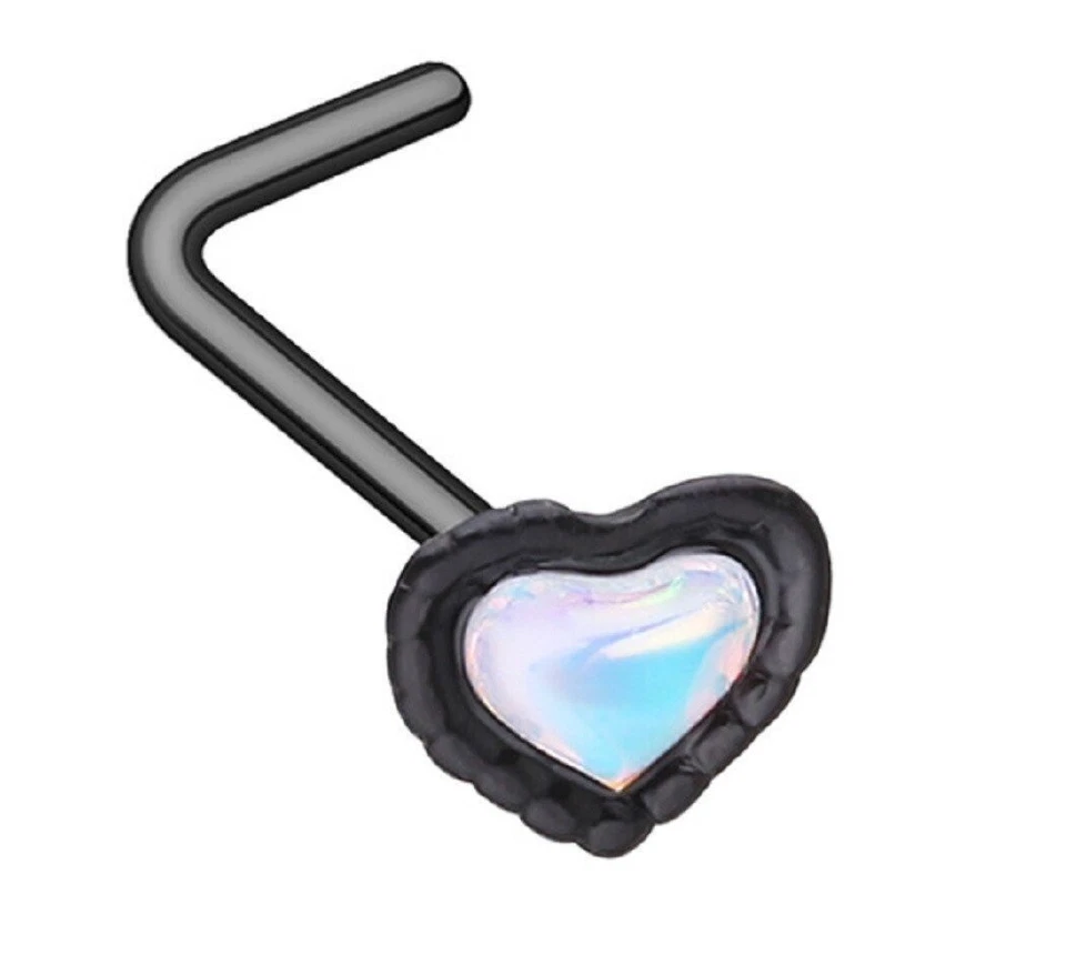 Nose Ring Stud Black Illuminating Heart Moonstone L-Shape316L Surgical Steel L b - Image 1 of 1