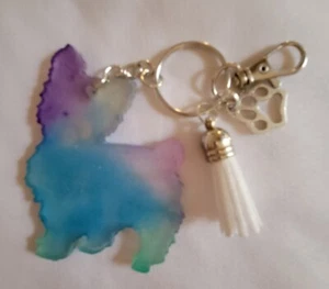  New Yorkie Tie Dye Resin Key Chain Tassle Charm Fob Handmade Yorkshire Terrier - Picture 1 of 2