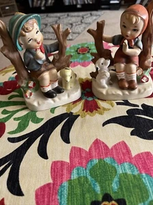 vintage ucagco ceramics japan- Set Of 2 Boy And Girl With Dogs - Picture 1 of 5
