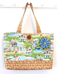 "Summer Times" - Big Beach Bag Market Tote Quilted Handbag Blue Green Tan Cloth - Picture 1 of 6