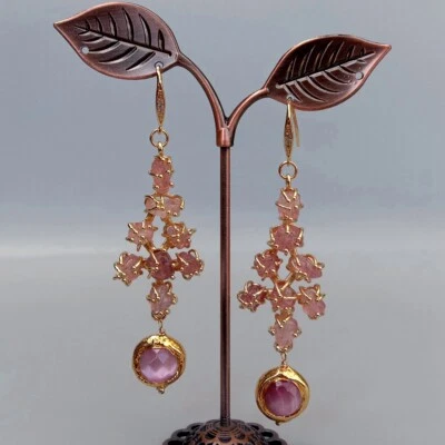 Pendientes de cuarzo fresa enchapados en oro pendientes de gancho rosa ojo de gato para mujer Foto 1 de 4