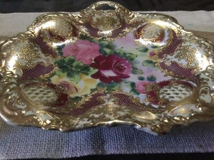 Antique Nippon Serving Dish Burgundy Pink Yellow Roses Cake Plate China Vintage - Picture 1 of 4