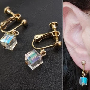 CLIP ON small 6mm CRYSTAL CUBE square glass drop EARRINGS non-pierced GOLD TONE - Picture 1 of 4