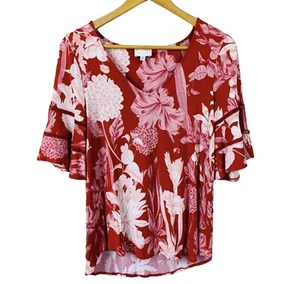 Witchery Top Womens XS 8 Floral Red White Flowers Spring Bell Sleeves Tropical - Picture 1 of 8