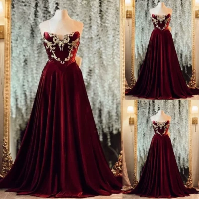 Vintage Burgundy Velvet Wedding Dresses with Gold Appliques A Line Bridal Gowns - Image 1 of 4