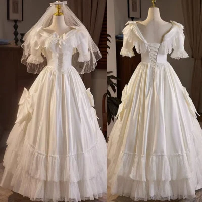 Retro Princess White Satin V Neck Ruffles Flower Lace Puff Sleeve Big Bow Bride - Image 1 of 4