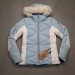 Rossignol Staci Puffer Jacket Womens Size Medium Blue White Coat Faux Fur Trim - Picture 1 of 11