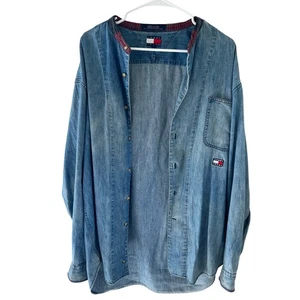Vintage 90's Tommy Jeans Denim Chambray Button Up Shirt Nehru Plaid Collar L - Picture 1 of 10