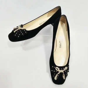 Salvatore Ferragamo 8.5 B Boutique Negro Gamuza Cuero Lazo Bombas Tacones Italia - Imagen 1 de 15