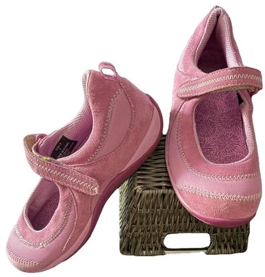 L.L. Bean Girl's Pink Suede Mary Jane Slip On Shoes Adjustable Strap Size 4 NEW - Image 1 of 4